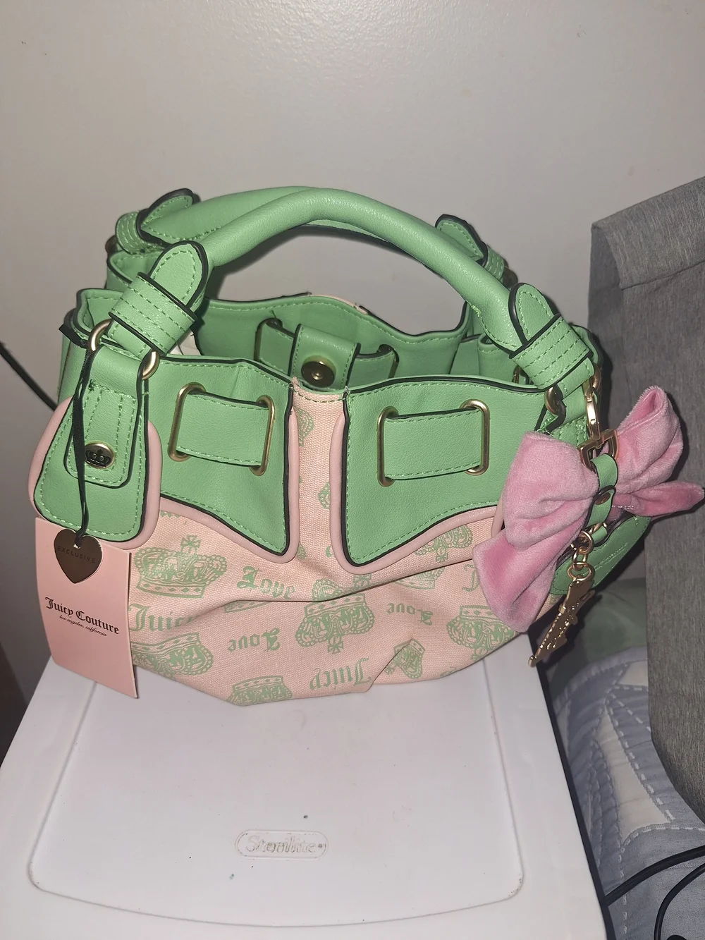 Juicy Couture Pink & Mint Green Bow-Accent Satchel Bag - Picture 1 of 8